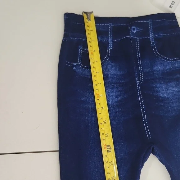 Womens Leggings Large Stretchy Blue Denim-Look Faux Pockets White Stitching - Picture 6 of 8